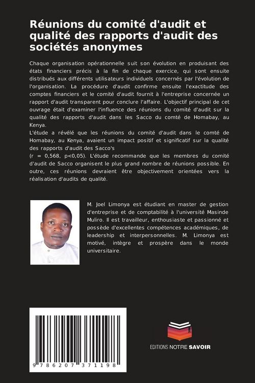 Produktbild: R&eacute;unions du comit&eacute; d'audit et qualit&eacute; des rapports d'audit des soci&eacute;t&eacute;s anonymes