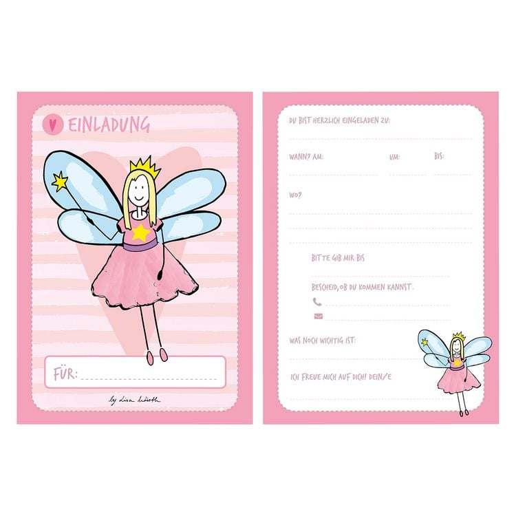 Produktbild: 12 Einladungskarten Geburtstag M&auml;dchen (Feen). Handgemachte Einladungskarten Kindergeburtstag incl. 12 liebevollen Hand designten Briefumschl&auml;gen. Verpackt in einer wundervollen hochwertigen Karton Box. By Lisa Wirth