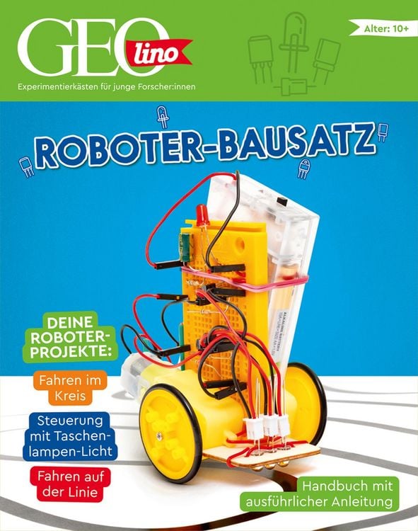 Produktbild: FRANZIS 67158 - GEOlino Roboter Bausatz, Experimentierkasten mit spannenden Roboter-Projekten inkl. Handbuch mit ausf&uuml;hrlicher Anleitung. F&uuml;r Kinder ab 10 Jahren.