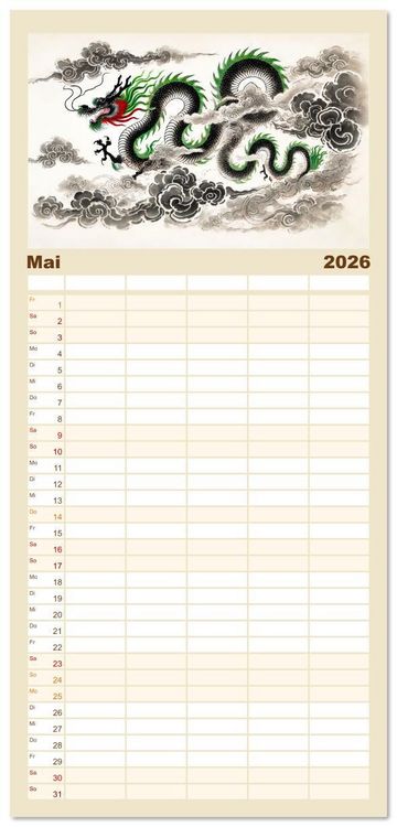Produktbild: Familienplaner 2026 - Chinesische Tierkreiszeichen - Kunstvolle KI-Tuschemalerei des Ostens mit 5 Spalten (Wandkalender, 21 x 45 cm) CALVENDO