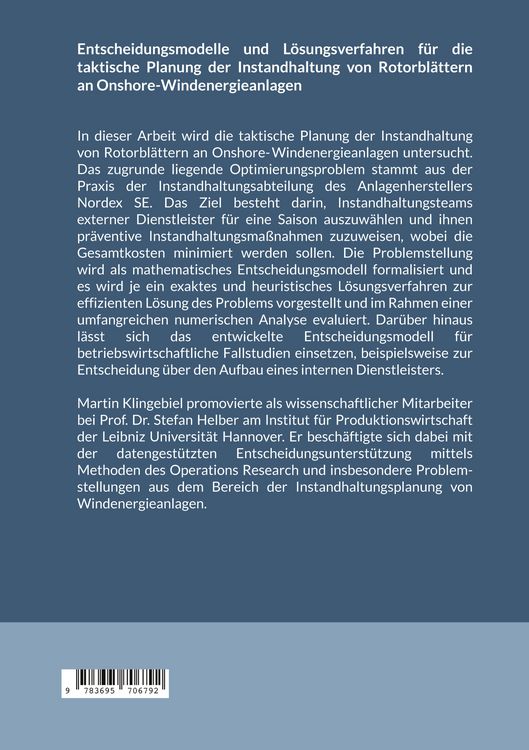 Produktbild: Entscheidungsmodelle und L&ouml;sungsverfahren f&uuml;r die taktische Planung der Instandhaltung von Rotorbl&auml;ttern an Onshore-Windenergieanlagen
