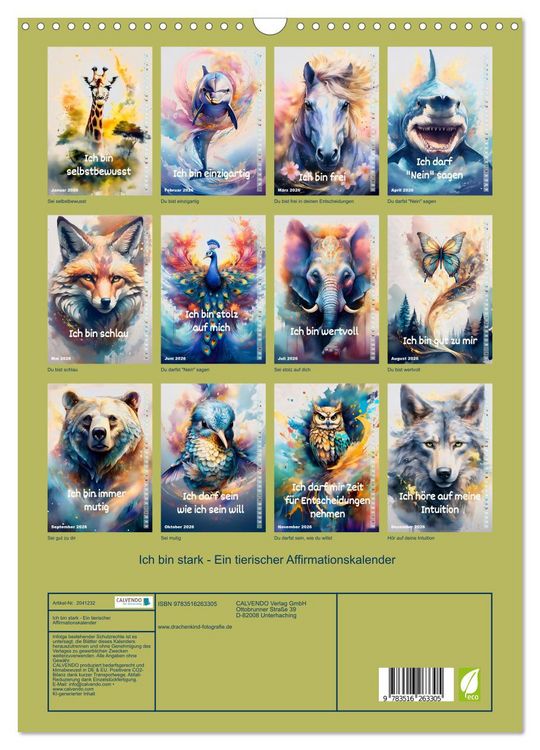 Produktbild: Ich bin stark - Ein tierischer Affirmationskalender (Wandkalender 2026 DIN A3 hoch), CALVENDO Monatskalender