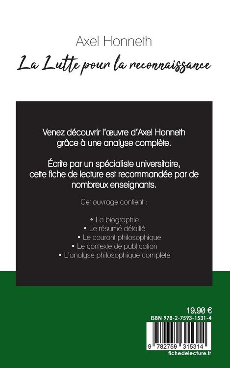 Produktbild: La Lutte pour la reconnaissance de Axel Honneth (fiche de lecture et analyse complète de l'oeuvre)