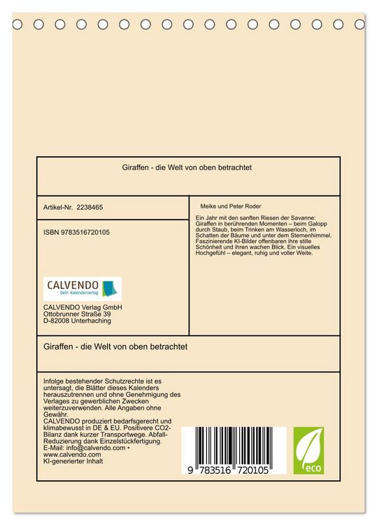 Produktbild: Giraffen - die Welt von oben betrachtet (Tischkalender 2026 DIN A5 hoch), CALVENDO Monatskalender
