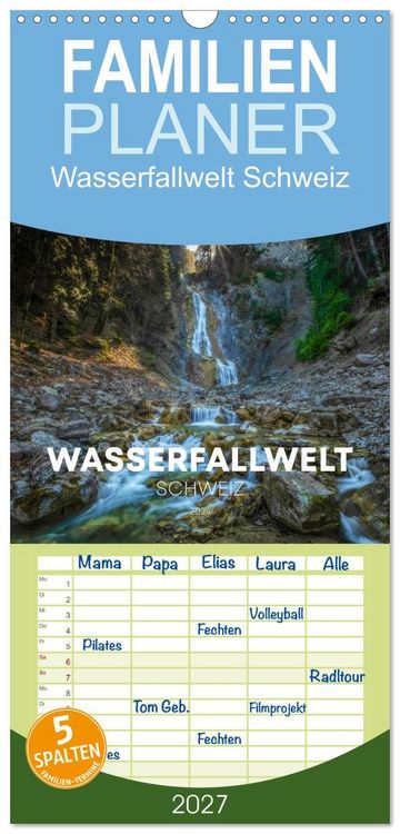 Produktbild: Familienplaner 2027 - Wasserfallwelt Schweiz mit 5 Spalten (Wandkalender, 21 x 45 cm) CALVENDO