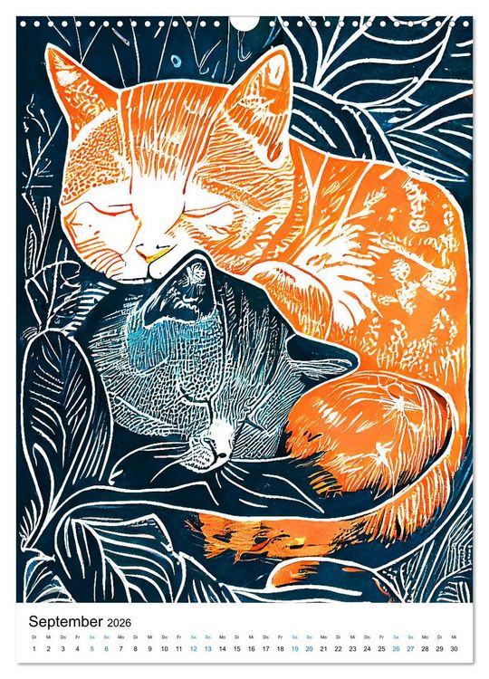 Produktbild: Katzen Linolschnitt - Der Kalender mit kunstvollen Portr&auml;ts der Samtpfoten (Wandkalender 2026 DIN A3 hoch), CALVENDO Monatskalender
