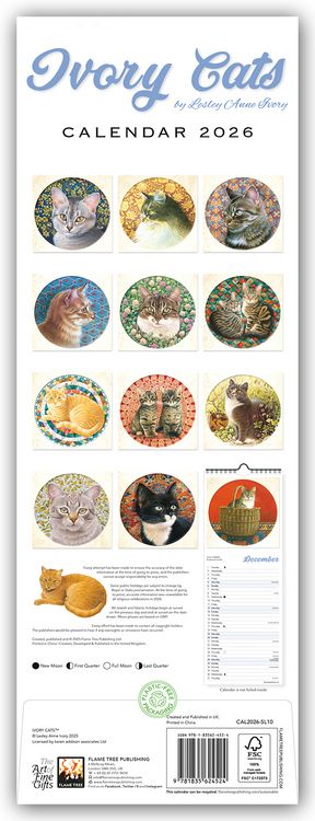 Produktbild: Ivory Cats &ndash; Gemalte Katzen &ndash; Slimline-Kalender 2026 &ndash; Original Flame Tree Publishing-Kalender Slimeline [Mehrsprachig] [Kalender]