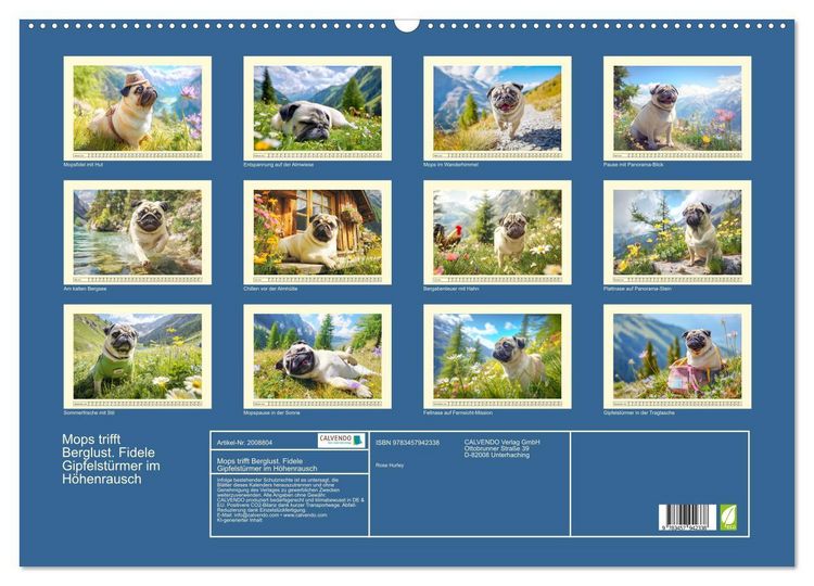 Produktbild: Mops trifft Berglust. Fidele Gipfelst&uuml;rmer im H&ouml;henrausch (Wandkalender 2026 DIN A2 quer), CALVENDO Monatskalender