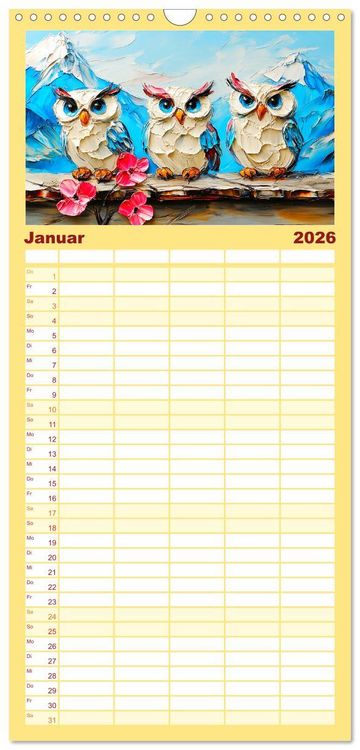 Produktbild: Familienplaner 2026 - Eulen. Entz&uuml;ckende Paintings mit 5 Spalten (Wandkalender, 21 x 45 cm) CALVENDO