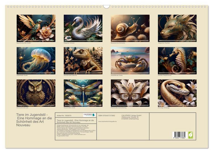 Produktbild: Tiere im Jugendstil - Eine Hommage an die Sch&ouml;nheit des Art Nouveau (Wandkalender 2026 DIN A2 quer), CALVENDO Monatskalender