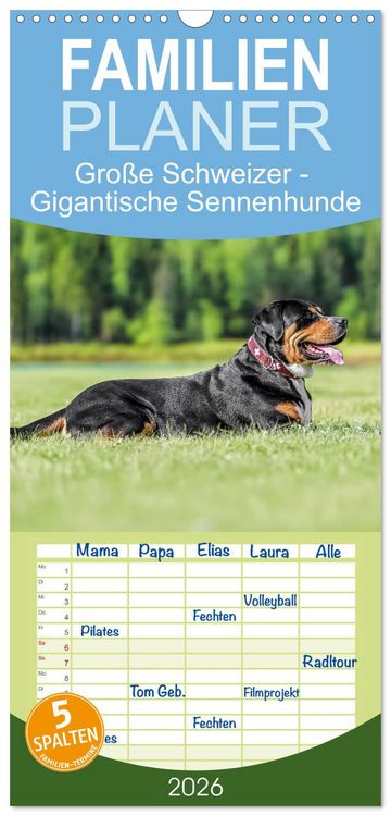 Produktbild: Familienplaner 2026 - Gro&szlig;e Schweizer - Gigantische Sennenhunde mit 5 Spalten (Wandkalender, 21 x 45 cm) CALVENDO