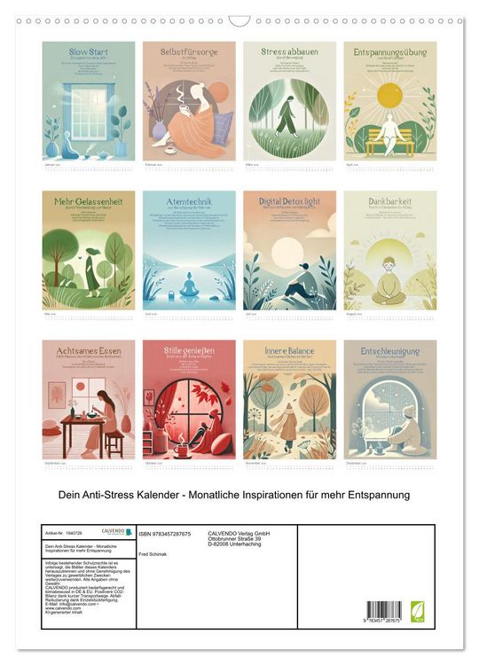 Produktbild: Dein Anti-Stress Kalender - Monatliche Inspirationen f&uuml;r mehr Entspannung (Wandkalender 2026 DIN A2 hoch), CALVENDO Monatskalender