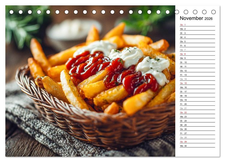 Produktbild: Pommes Rot-Wei&szlig; - Fastfood-Humor mit knusprigen Fritten, Ketchup und Mayo (Tischkalender 2026 DIN A5 quer), CALVENDO Monatskalender