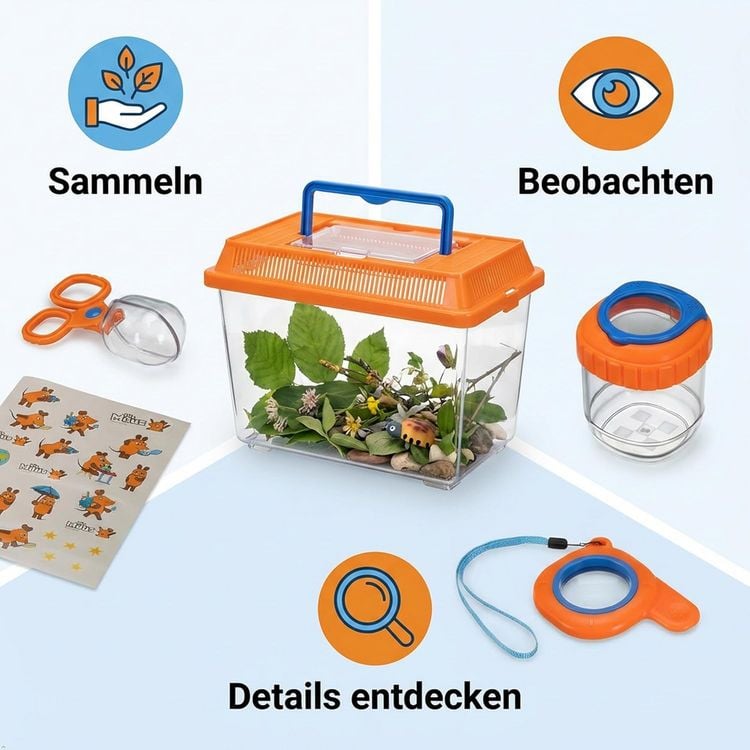 Produktbild: Bresser 11040 - DieMaus Outdoor-Set mit Terrarium, Kescher, Lupe, Lupendose, Sammelwerkzeug, Aufkleber