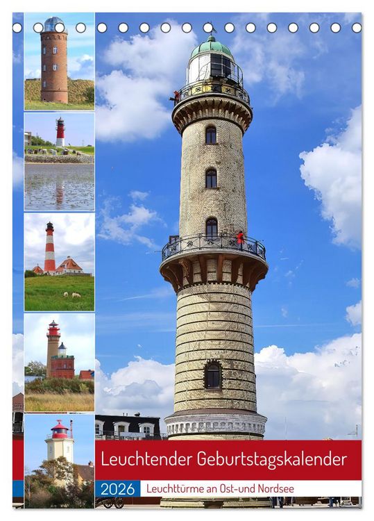 Produktbild: Leuchtender Geburtstagskalender - Leuchtt&uuml;rme an Ost-und Nordsee (Tischkalender 2026 DIN A5 hoch), CALVENDO Monatskalender