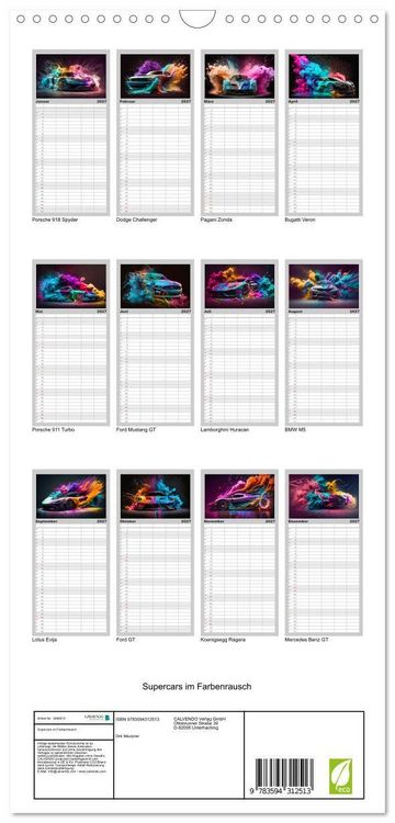 Produktbild: Familienplaner 2027 - Supercars im Farbenrausch mit 5 Spalten (Wandkalender, 21 x 45 cm) CALVENDO