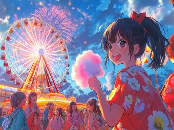Produktbild: CALVENDO Puzzle Kawaii Anime Sommerfest - Riesenrad und Feuerwerk in Shoujo-Stil mit Yukata | 1000 Teile Lege-Gr&ouml;&szlig;e 64x48cm Foto-Puzzle f&uuml;r gl&uuml;ckliche Stunden