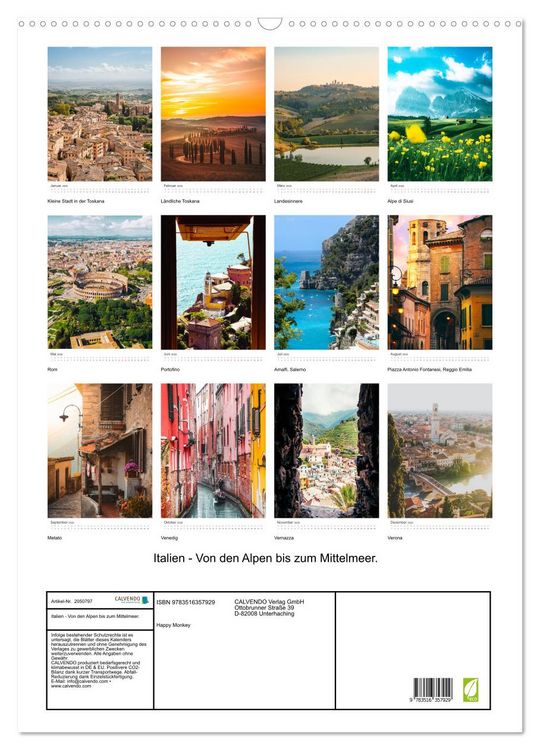Produktbild: Italien - Von den Alpen bis zum Mittelmeer. (Wandkalender 2026 DIN A2 hoch), CALVENDO Monatskalender