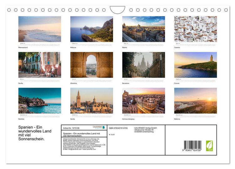 Produktbild: Spanien - Ein wundervolles Land mit viel Sonnenschein. (Wandkalender 2026 DIN A4 quer), CALVENDO Monatskalender
