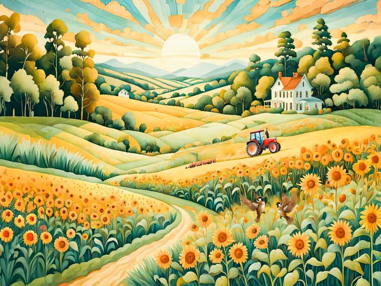 Produktbild: CALVENDO Puzzle Landschaft mit Sonnenblumenfeld im Morgenlicht | 1000 Teile Lege-Gr&ouml;&szlig;e 64x48cm Foto-Puzzle f&uuml;r gl&uuml;ckliche Stunden