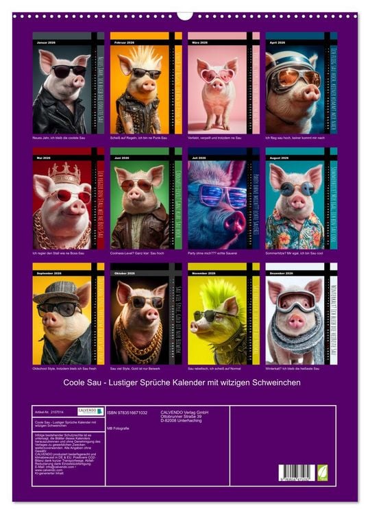 Produktbild: Coole Sau - Lustiger Spr&uuml;che Kalender mit witzigen Schweinchen (Wandkalender 2026 DIN A2 hoch), CALVENDO Monatskalender
