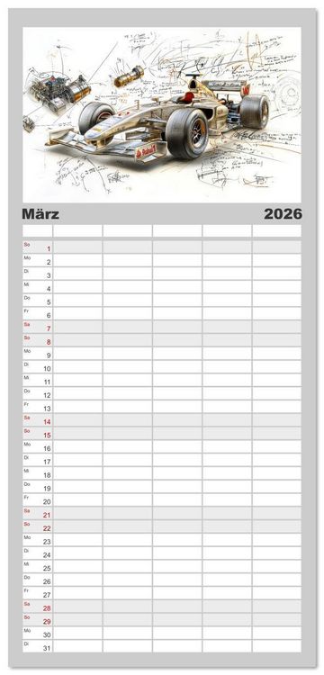 Produktbild: Familienplaner 2026 - Rennwagen - Design Studien mit 5 Spalten (Wandkalender, 21 x 45 cm) CALVENDO