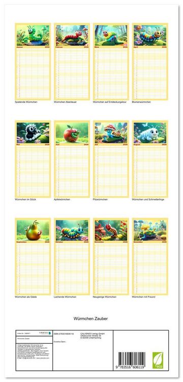 Produktbild: Familienplaner 2026 - W&uuml;rmchen Zauber mit 5 Spalten (Wandkalender, 21 x 45 cm) CALVENDO
