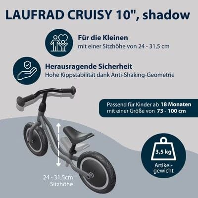 Produktbild: HUDORA 10923 - Laufrad Cruisy 10 shadow, für Kinder von 73-100 cm, Sitzhöhe: 24-31,5 cm