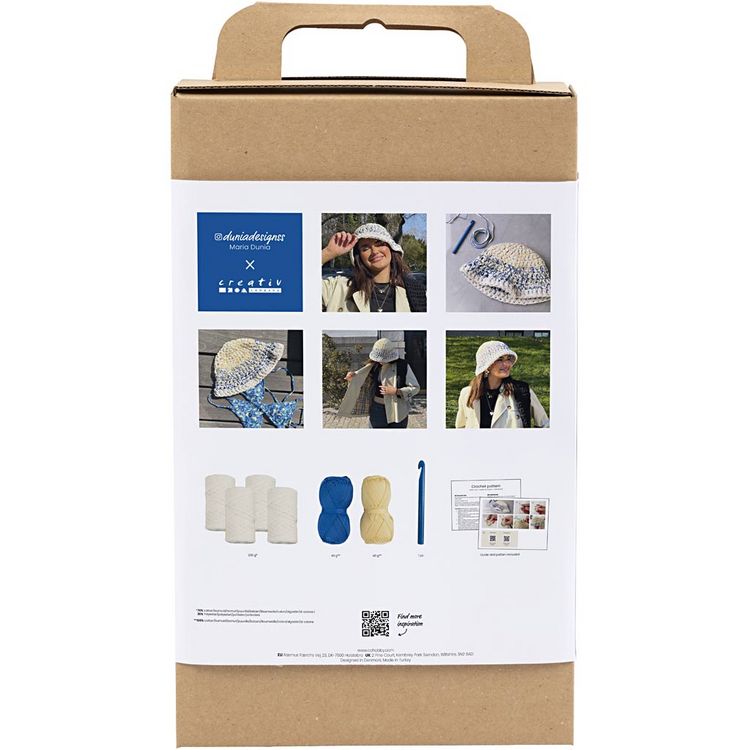 Produktbild: Creativ Company DIY Sets Stricken & H&auml;keln Kreativ Set H&auml;keln, Blau, Hellnatur, Gelb, Dicker Fischerhut, Kreativ Box