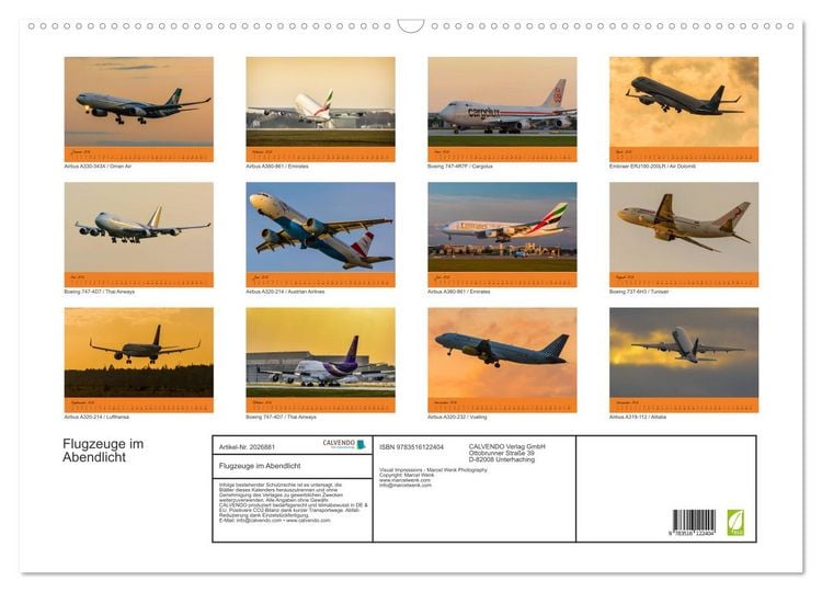 Produktbild: Flugzeuge im Abendlicht (Wandkalender 2026 DIN A2 quer), CALVENDO Monatskalender