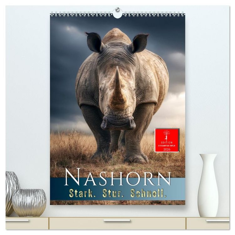 Produktbild: Nashorn - Stark. Stur. Schnell. (hochwertiger Premium Wandkalender 2026 DIN A2 hoch), Kunstdruck in Hochglanz