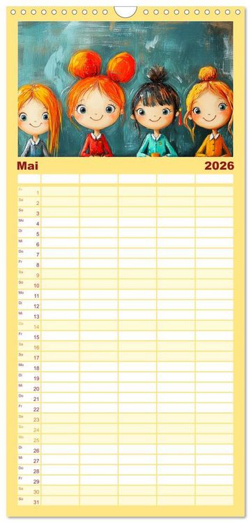 Produktbild: Familienplaner 2026 - Fr&ouml;hliche Kinder. Bezaubernde Schulm&auml;dchen im &Ouml;lbilder-Stil mit 5 Spalten (Wandkalender, 21 x 45 cm) CALVENDO