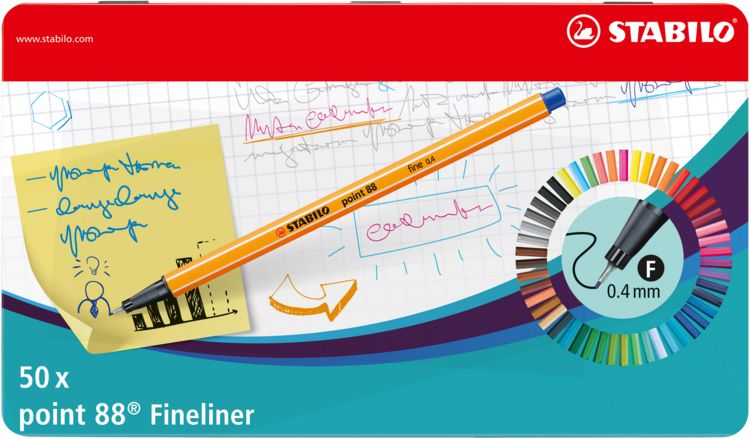 Produktbild: STABILO Fineliner -   point 88 - 50er Metalletui - mit 47 verschiedenen Farben - 2x blau, rot, schwarz