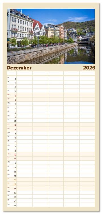 Produktbild: Familienplaner 2026 - Karlsbad / Karlovy Vary - Kleinod im Westb&ouml;hmischen B&auml;derdreieck mit 5 Spalten (Wandkalender, 21 x 45 cm) CALVENDO