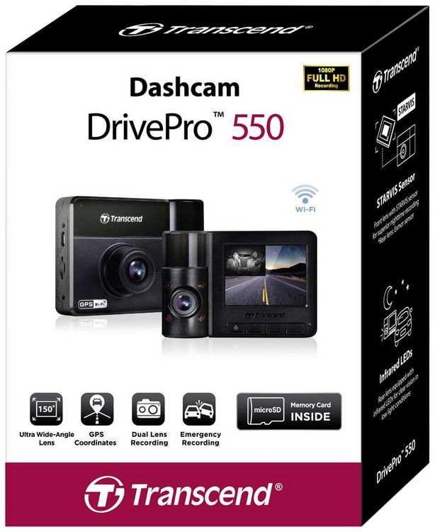 Produktbild: Transcend DrivePro 550B Dashcam mit GPS Blickwinkel horizontal max.=150 &deg; 12 V, 24 V WLAN, Akku, Innenraumkamera