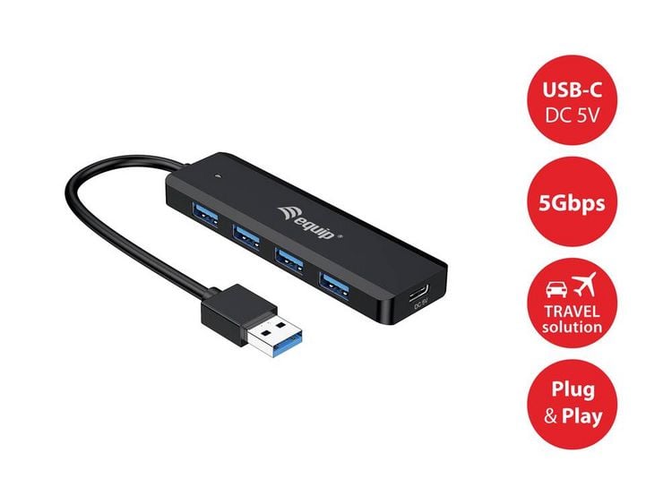 Produktbild: Equip 128959 USB-Hub 5 Port USB-A USB 3.0 5 GBit/s mit USB-C&reg; Stecker Schwarz Hub + USB-C-adapter
