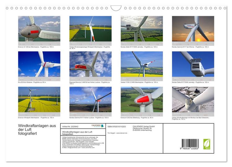 Produktbild: Windkraftanlagen aus der Luft fotografiert (Wandkalender 2026 DIN A3 quer), CALVENDO Monatskalender