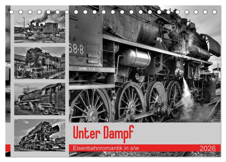 Produktbild: Unter Dampf - Eisenbahnromantik in schwarz-wei&szlig; (Tischkalender 2026 DIN A5 quer), CALVENDO Monatskalender