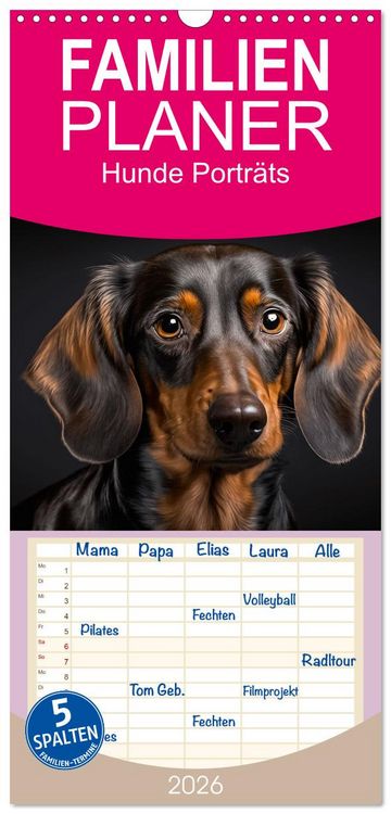 Produktbild: Familienplaner 2026 - Hunde Portr&auml;ts mit 5 Spalten (Wandkalender, 21 x 45 cm) CALVENDO