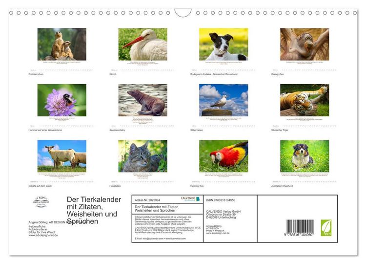 Produktbild: Der Tierkalender mit Zitaten, Weisheiten und Spr&uuml;chen (Wandkalender 2026 DIN A3 quer), CALVENDO Monatskalender