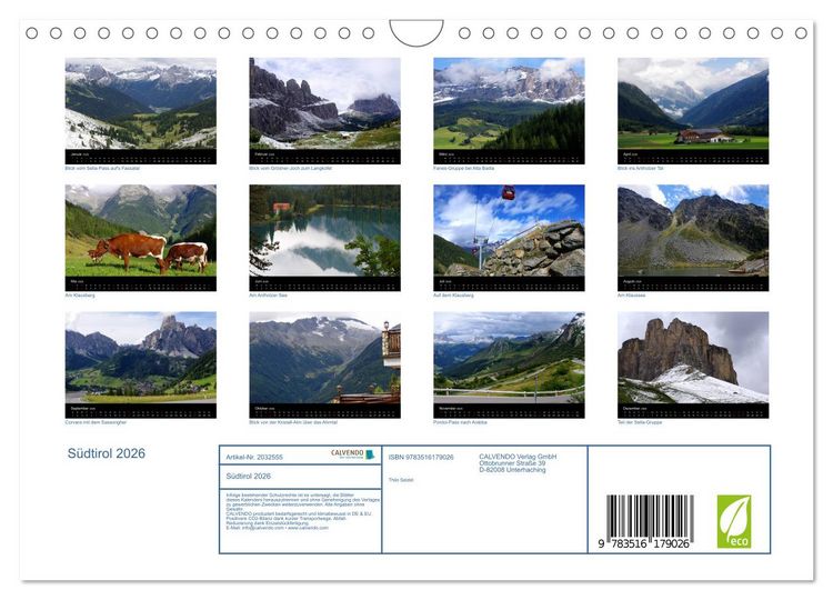 Produktbild: S&uuml;dtirol 2026 (Wandkalender 2026 DIN A4 quer), CALVENDO Monatskalender