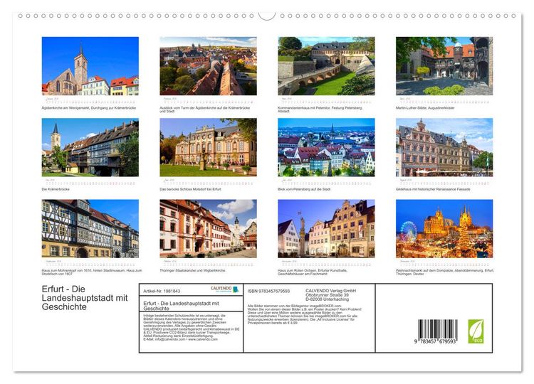 Produktbild: Erfurt - Die Landeshauptstadt mit Geschichte (hochwertiger Premium Wandkalender 2026 DIN A2 quer), Kunstdruck in Hochglanz