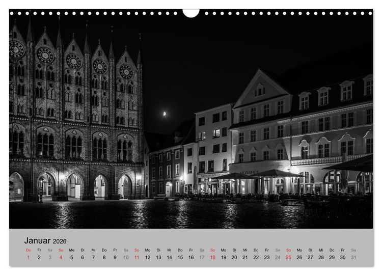 Produktbild: Hansestadt Stralsund bei Nacht (mit GPS-Koordinaten) (Wandkalender 2026 DIN A3 quer), CALVENDO Monatskalender