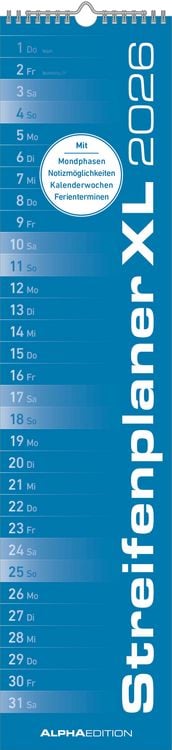 Bild vom Artikel Streifenplaner XL BLAU 2026 - Streifenkalender 15x64 cm - Wandplaner - Küchenkalender - schmales Design - eine Spalte - Langplaner vom Autor Alpha Edition