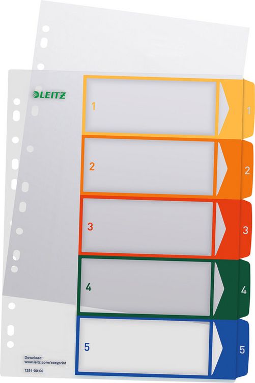 Produktbild: Leitz 12910000 Register DIN A4, Überbreite 1-5 Polypropylen Mehrfarbig 5 Registerblätter PC-beschriftbar 12910000