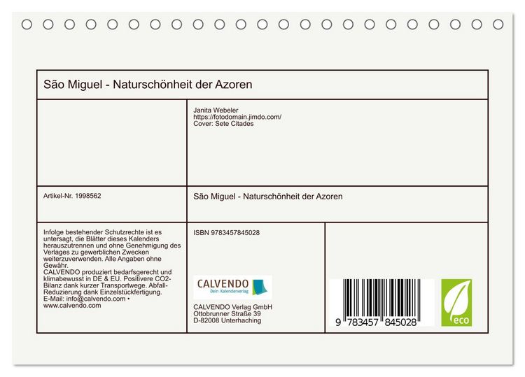 Produktbild: S&atilde;o Miguel - Natursch&ouml;nheit der Azoren (Tischkalender 2026 DIN A5 quer), CALVENDO Monatskalender
