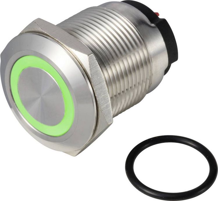 Produktbild: TRU COMPONENTS TC-13224216 ONPOW6319F-10ZE/Q/G/12V/S Drucktaster 36 V DC/AC 2 A 1 x Aus/(Ein) rastend Gr&uuml;n IP65 1 St.