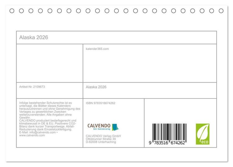 Produktbild: Alaska 2026 (Tischkalender 2026 DIN A5 quer), CALVENDO Monatskalender