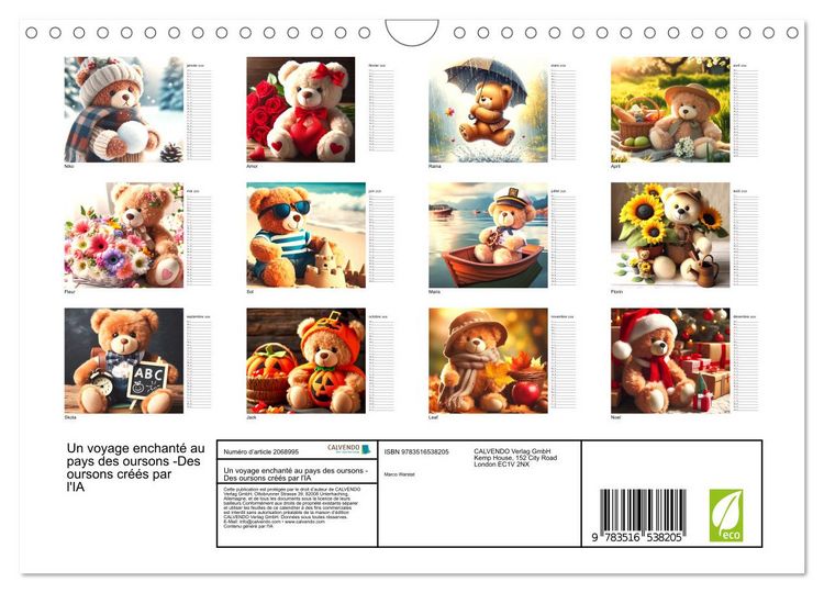 Produktbild: Un voyage enchant&eacute; au pays des oursons -Des oursons cr&eacute;&eacute;s par l'IA (Calendrier mural 2026 DIN A4 vertical), CALVENDO calendrier mensuel