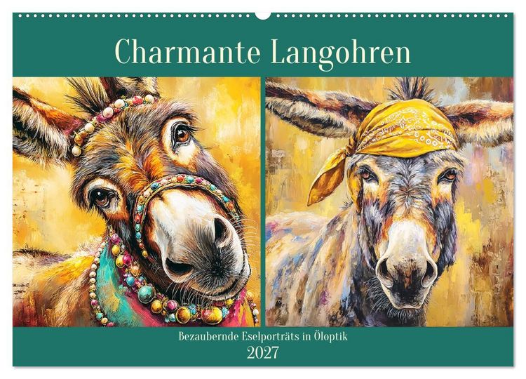 Produktbild: Charmante Langohren. Bezaubernde Eselportr&auml;ts in &Ouml;loptik (Wandkalender 2027 DIN A2 quer), CALVENDO Monatskalender